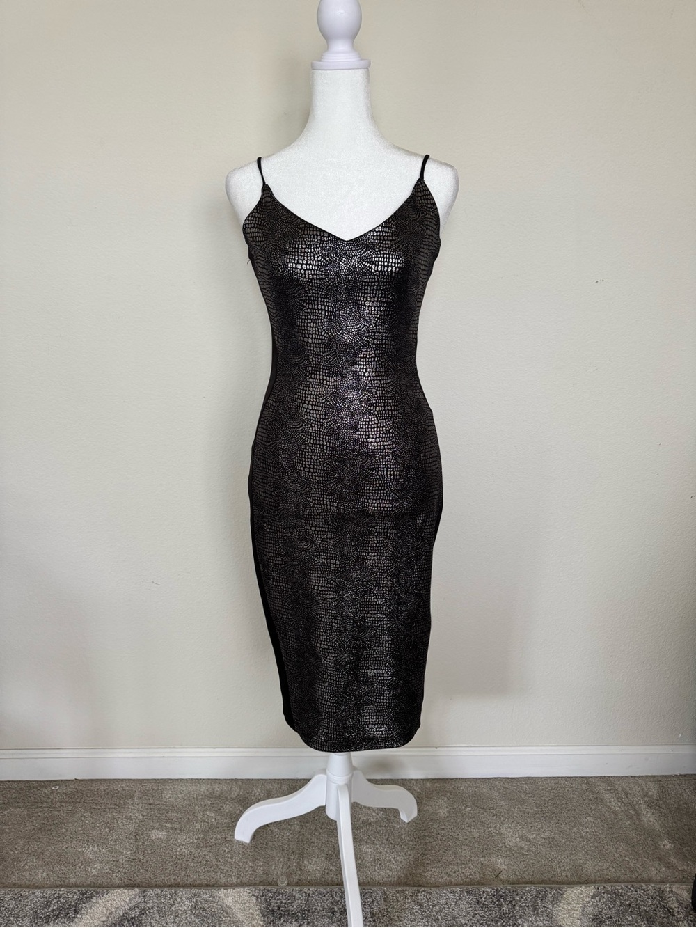 Metallic Black Slip Midi Dress with Subtle Texture